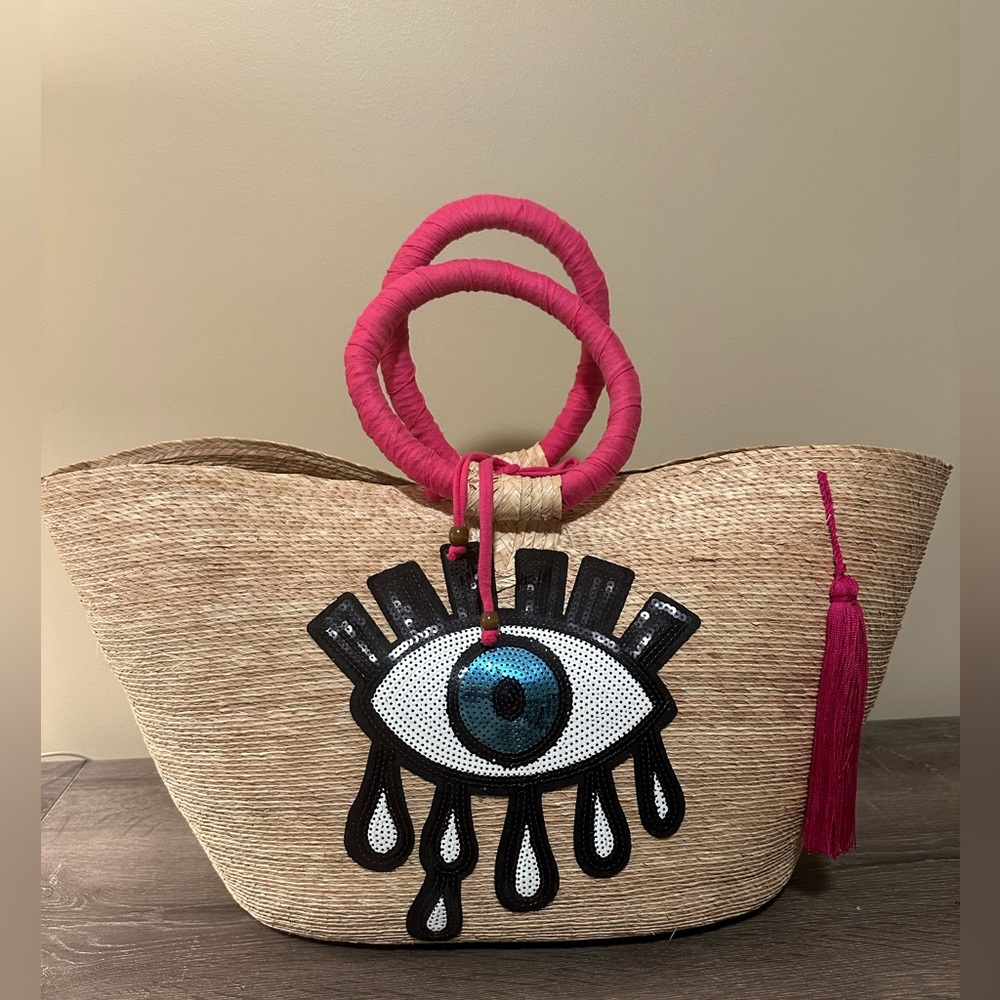 PINK AND SILVER EVIL EYE PALM TOTE with pink handle
